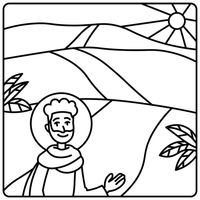 A cartoon line drawn of Jesus standing in front of a path the leads over rolling hills with the sun shining brightly in the distance
