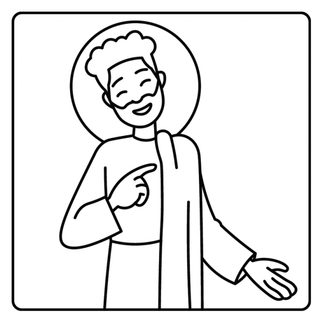 A cartoon line drawing of Jesus smiling as he talks to the disciples