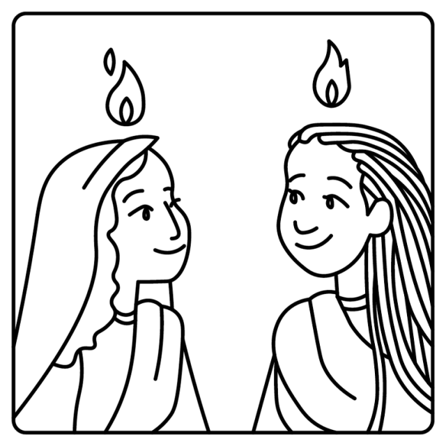 A cartoon line drawing of two early Christians smiling at each other with the Holy Spirit represented as a flame above their heads