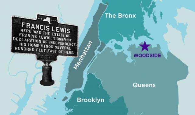 Map of the five boroughs of New York City showing the location of Woodside, Queens collaged with a historical marker for Francis Lewis' home there.