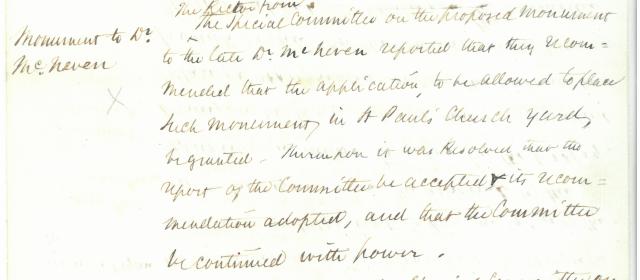 Vestry minutes of May 8, 1865 approving placement of the obelisk honoring Dr. William James MacNeven in the churchyard of St. Paul's Chapel