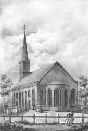 The first Trinity Church in the mid-1700s.