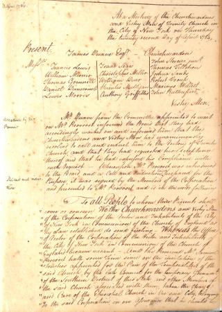 Meeting minutes from the Trinity Church Vestry from 1784