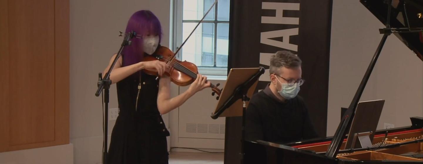 Two NOVUS NY musicians, concertmaster Katie Hyun and pianist Conor Hanick, perform at Yamaha Studios during the pandemic as part of Trinity's Comfort at One series.