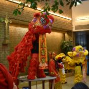Red and yellow giant puppets of lions for Lunar New Year