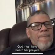 Jose Gonzalez looks straight into camera with his lips pursed. The caption reads "God must have heard her prayers."