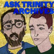 Ask Trinity Archives art with line drawing of Joe Lapinski and Marissa Maggs on a yellow background