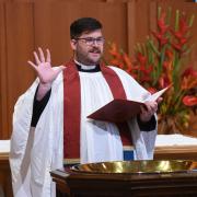 Father Matt Welsch addresses 9:15 Family Service parishioners on Pentecost
