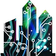 Illustration of buildings with a stylized circuit board overlaid with blue and green lights on the background.