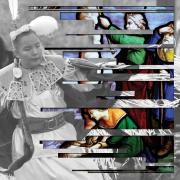A photo collage intersecting a black and white photograph with colorful stained glass
