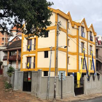 The exterior of the Trano Kambana commercial office building in Antananarivo, Madagascar.