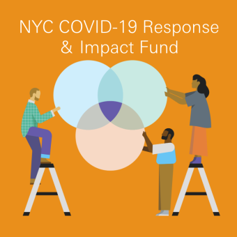 Illustration of people holding a three circle Venn diagram together. The text above reads "NYC COVID-19 Response & Impact Fund"