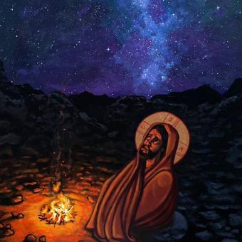 Icon of asylum seeker by campfire