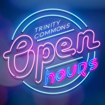 Art mimics neon lights that reads "Trinity Commons Open Hours" in pink and blue colors on a navy background. The words are surrounded by two circles..