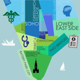 Stylized map of Lower Manhattan in blues and greens, reminiscent of a stained window. Each neighborhood is featured in a different color, with icons representing mental health strewn about the map.