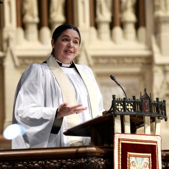 The Rev. Beth Blunt preaches at the pulpit at Trinity Church on June 4, 2023.