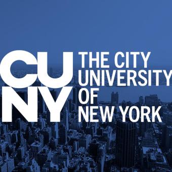 An overhead shot of the New York City skyline with a blue overlay, with the following text: "CUNY The City University of New York"