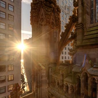 Trinity Church architectural features with sunlight streaming through