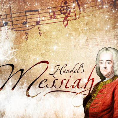 Yellow art featuring Handel picture, musical notes and the words "Handel's Messiah"