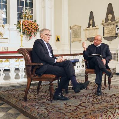 Author David Blight speaks with the Rev. Phil Jackson, priest-in-charge at Trinity in St. Paul's Chapel.