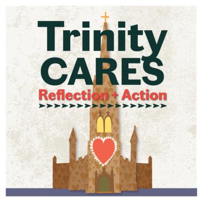 Trinity Cares Reflection + Action logo art with a church and a heart as paper cutouts
