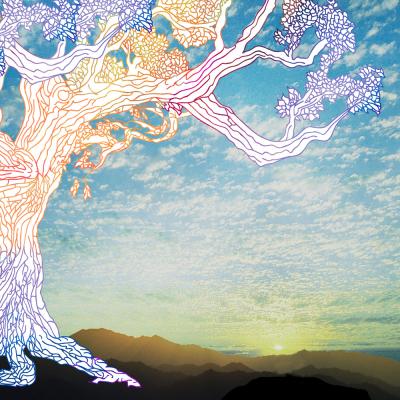 Colorful illustration of a Tree of Life imposed on a backdrop showing the sun rising into a blue sky behind a mountain range