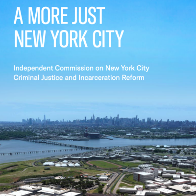 Text overlay that reads, "A More Just New York City," with a landscape shot of Rikers Island.