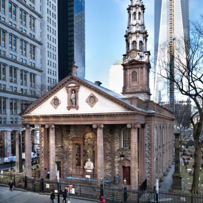 St. Paul's Chapel with One World Trade Center in the background