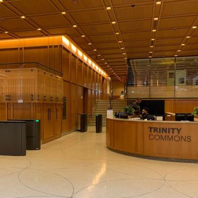 Entryway of Trinity Commons with Welcome desk