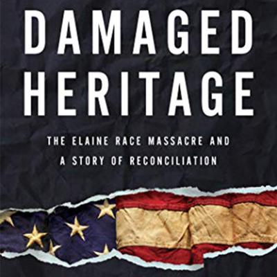 Damaged Heritage book cover with dark blue background and the American flag
