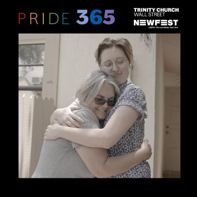 Women hugging in front of a home; Pride Family Shorts
