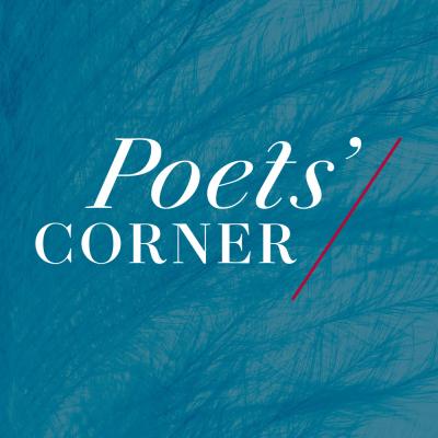 "Poets' Corner" white text over blue background with feather texture