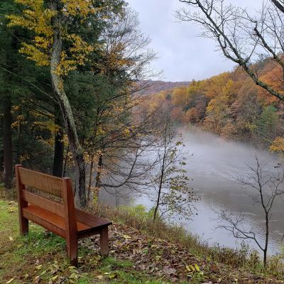 A wooden bench on a hill overlooking a foggy river in the middle of a forest of autumnal foliage