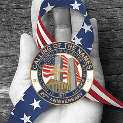 Logo for Calling of the Names - a medal, a hand, and a red, white and blue ribbon