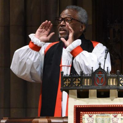 Bishop Curry preaching in the pulpit