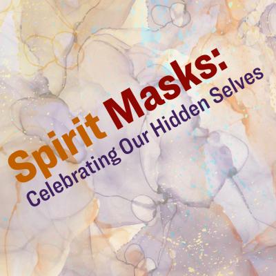 Spirit Masks text on a purple and orange marbled background