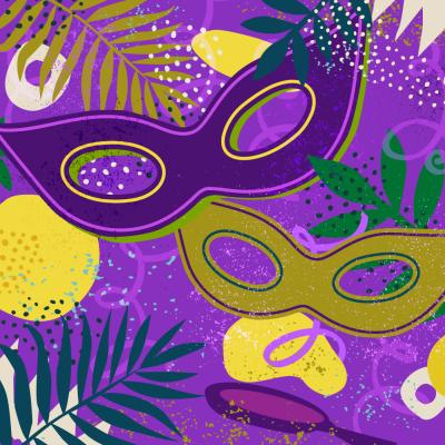 Bright illustration of Mardi Gras masks, palm fronds, and pancakes