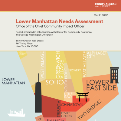 Cover of "Lower Manhattan Needs Assessment" report, featuring red and black text over a tan background. A graphic representing the neighborhoods of Lower Manhattan appears below.