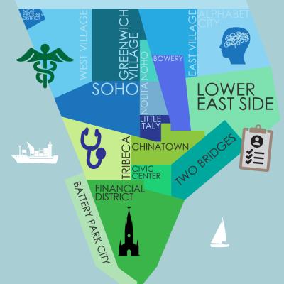 A stylized illustration of Lower Manhattan in blue and greens. Overlaid on the map are symbols representing mental health, like a profile with a scribbled mind, a caduceus, and checklist. A small symbol representing Trinity Church is in Black at the bottom half of the image.