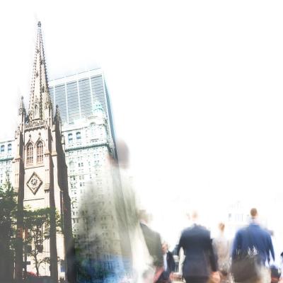 Dreamy, collaged illustration of people walking past the exterior of Trinity Church