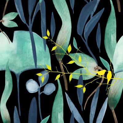 Close-up, abstract watercolor of blue and green leaves on a black background with a yellow branch collaged on top. There are two birds facing one another on the branch.