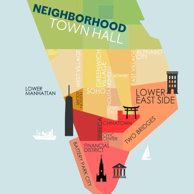 Stylized rendering of Lower Manhattan with the words "Neighborhood Town Hall" at the top