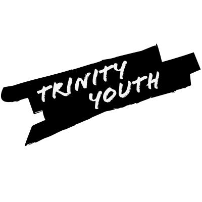 Black paint strokes with white text that says Trinity Youth