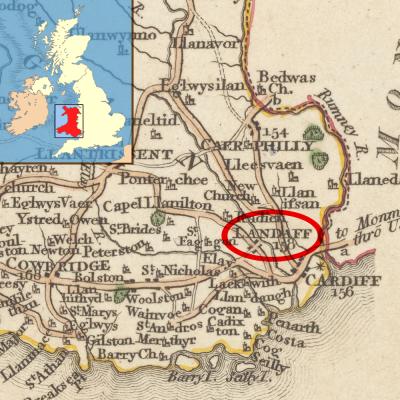 An 18th century map of Wales, with a red circle highlighting the town of Llandaff. There is a small contemporary map of the United Kingdom showing the location of the country of Wales in red, inset into the main map