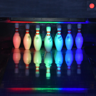 Bowling pins at the end of a bowling lane