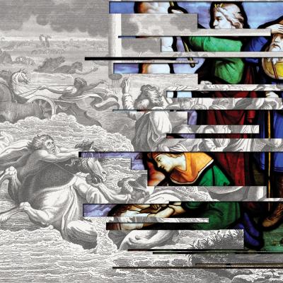 Illustration featuring a woodcut of the book of Exodus combined with an image of stained glass