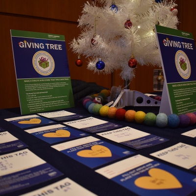 the Giving Tree in Trinity Commons with gift tags