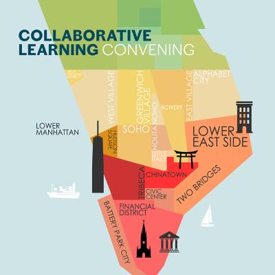 Illustration of Lower Manhattan with the different neighborhoods labeled. The text "Collaborative Learning Convening" appears at the top.