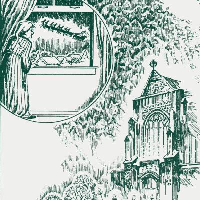 A vintage drawing of Church of the Intercession and a scene from A Visit from St. Nicholas