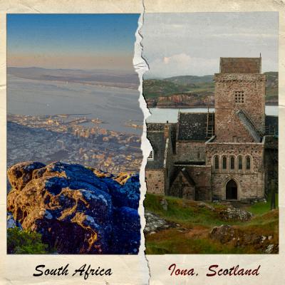 Polaroid-style image showing Cape Town, South Africa and Iona, Scotland